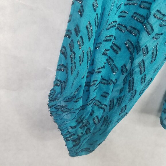 Lilly Pulitzer Caline Blouse Women M Teal Bay Silk Swirl Clip Silver Puff Sleeve - Picture 3 of 16